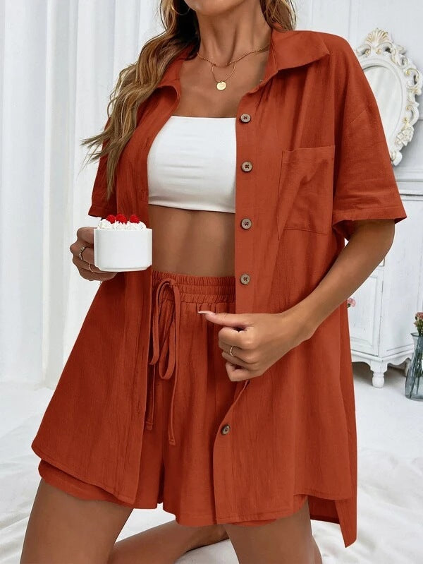 Women's Two-piece Solid Color Shirt Outfit Casual Loose Clothing