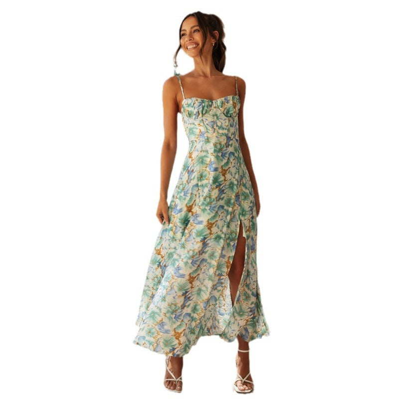 Summer Floral Print Hem Slit Backless Dresses