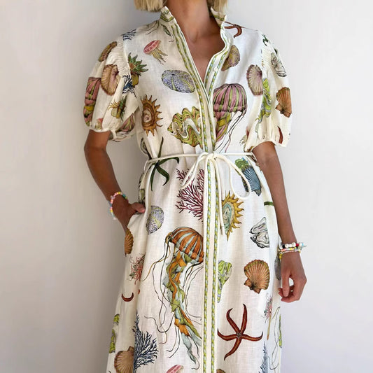 Temperament Leisure Stand Collar Linen Dress Dresses