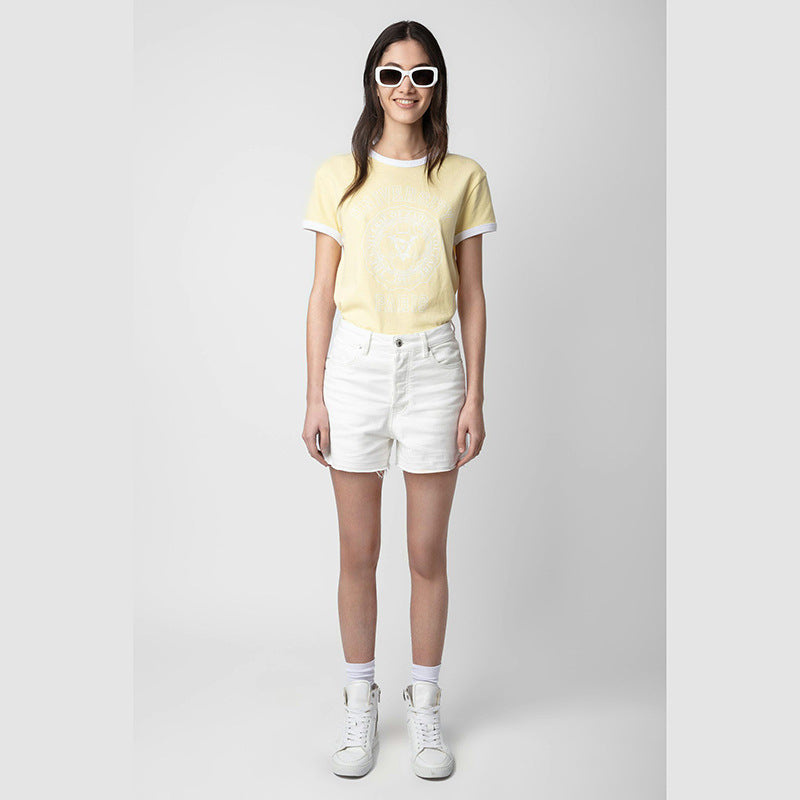 Women's Classic Letter Print Neckline Contrasting Colors Yellow Blouses
