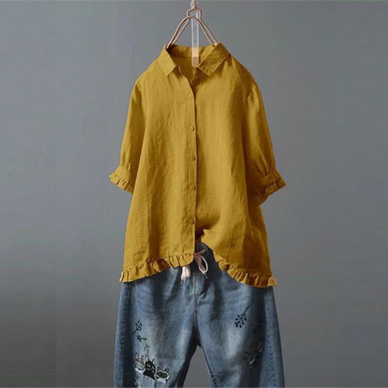 Women's Cotton Linen Casual Single-breasted Ruffled Sleeves Blouses