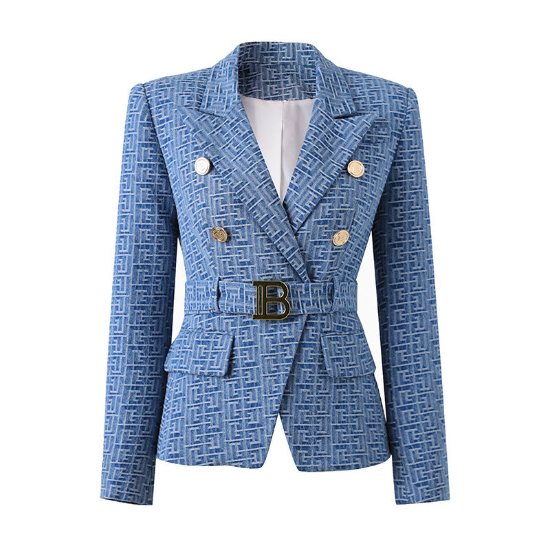 Women's Small Intellectual Padded Shoulder Elegant Denim Blazers
