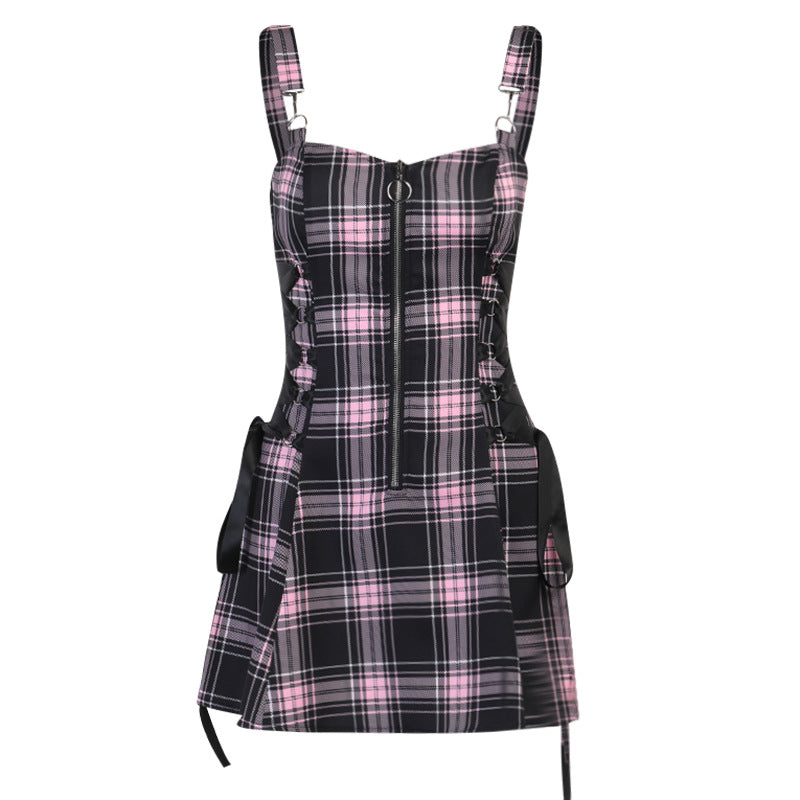 Leisure Suspender Slimming Plaid Striped Zipper Dresses