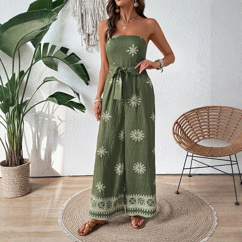 Women's Tube Printed Wide Leg Straight Jumpsuits