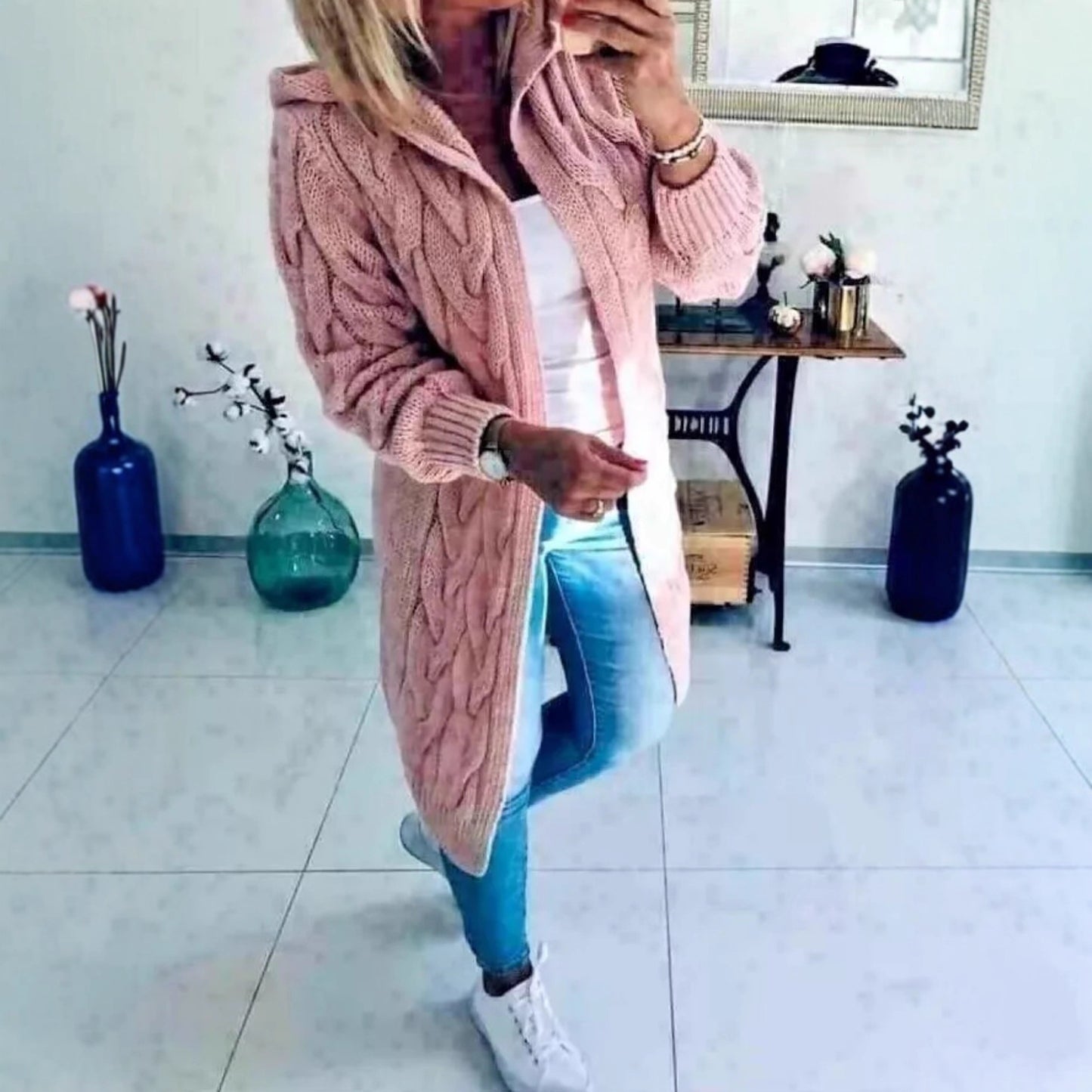 Solid Color Long Knitted Hooded Pocket Knitwear