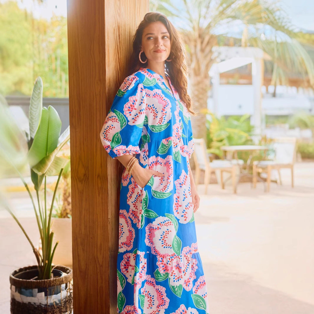 Fashion Plant Flower Print Loose Dress Dresses