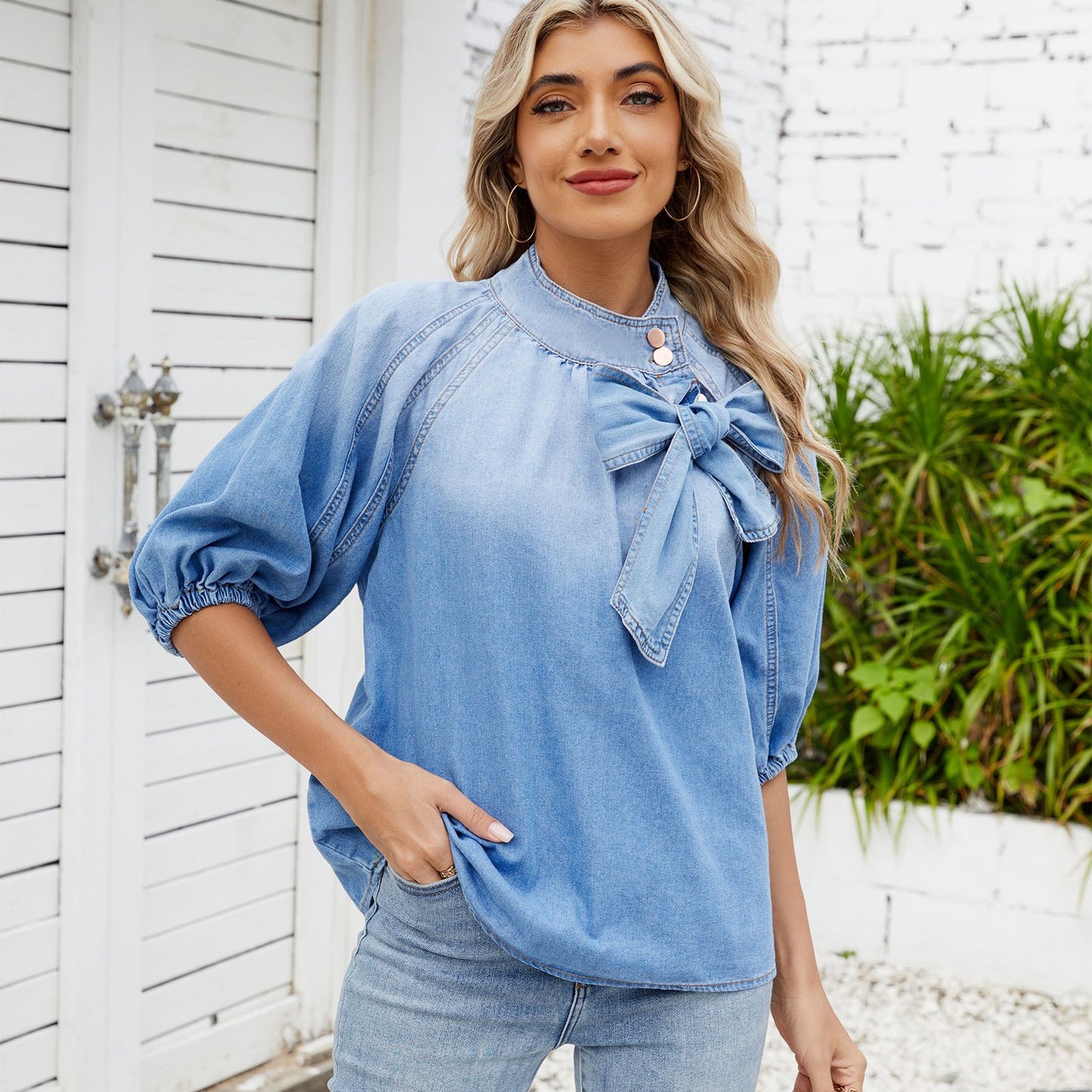 Women's Spring Retro Loose Neckline Denim Shirt Blouses