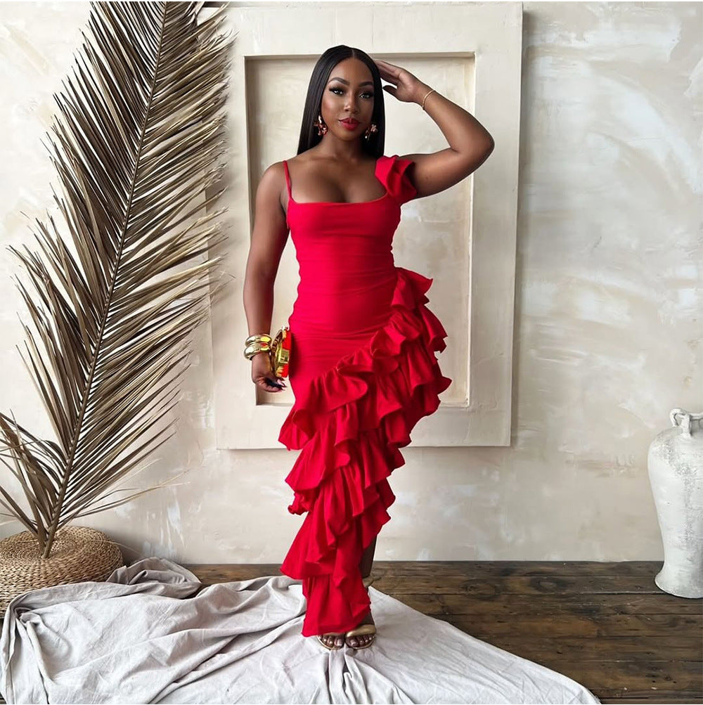 Women's Solid Color Strap Irregular Ruffled Dress Dresses