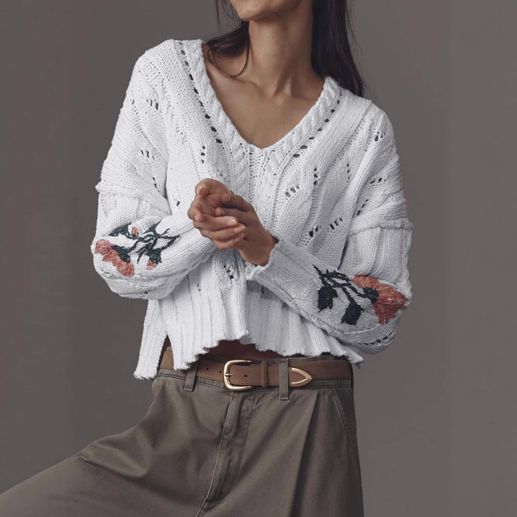 Trendy Embroidery Flower Idle Style Long-sleeved Sweaters
