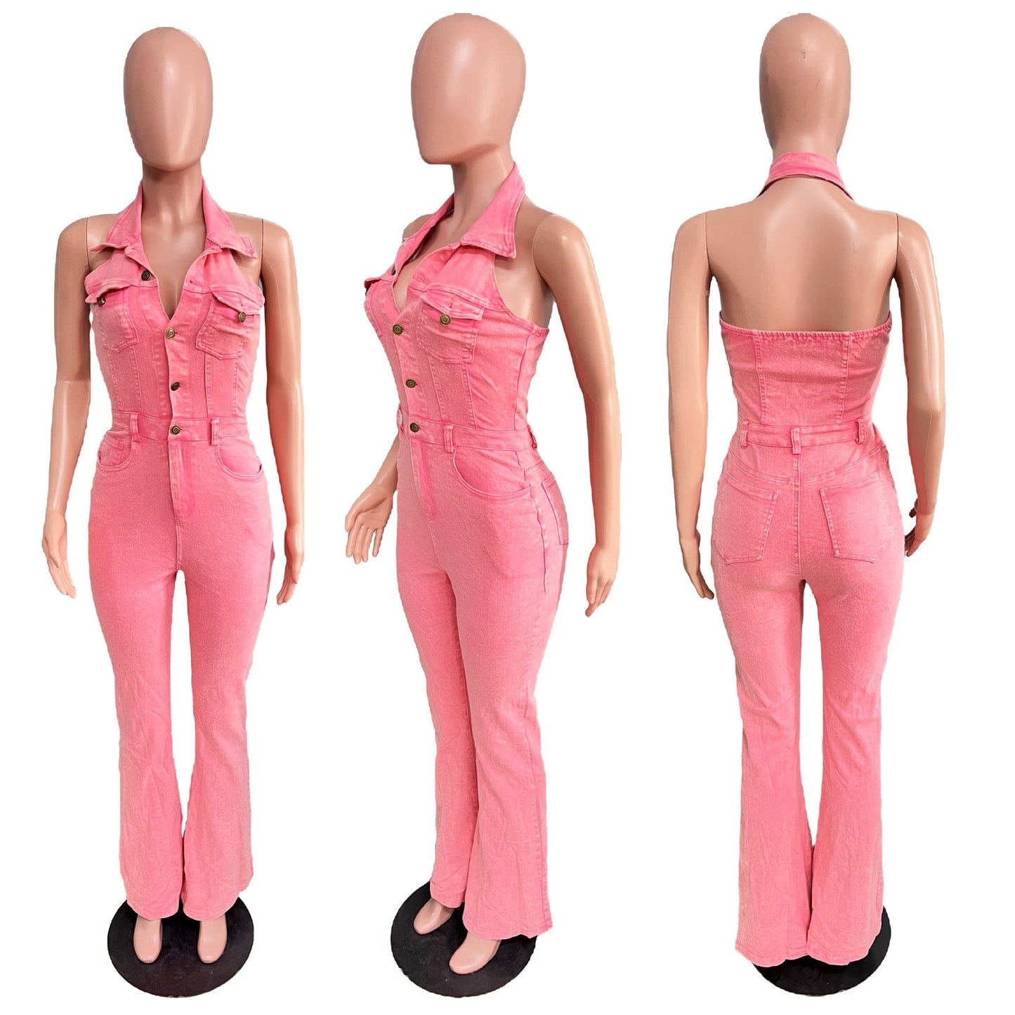 Women's Denim Fashion High Elastic Sexy Backless Jumpsuits