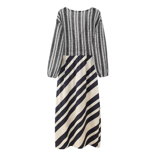 Women's Mid-length Long Sleeve Printed Stitching Dress Dresses