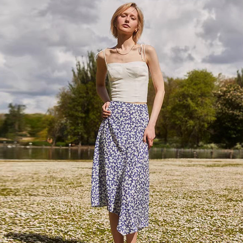 Blue Floral Silk Casual Irregular Design Skirts