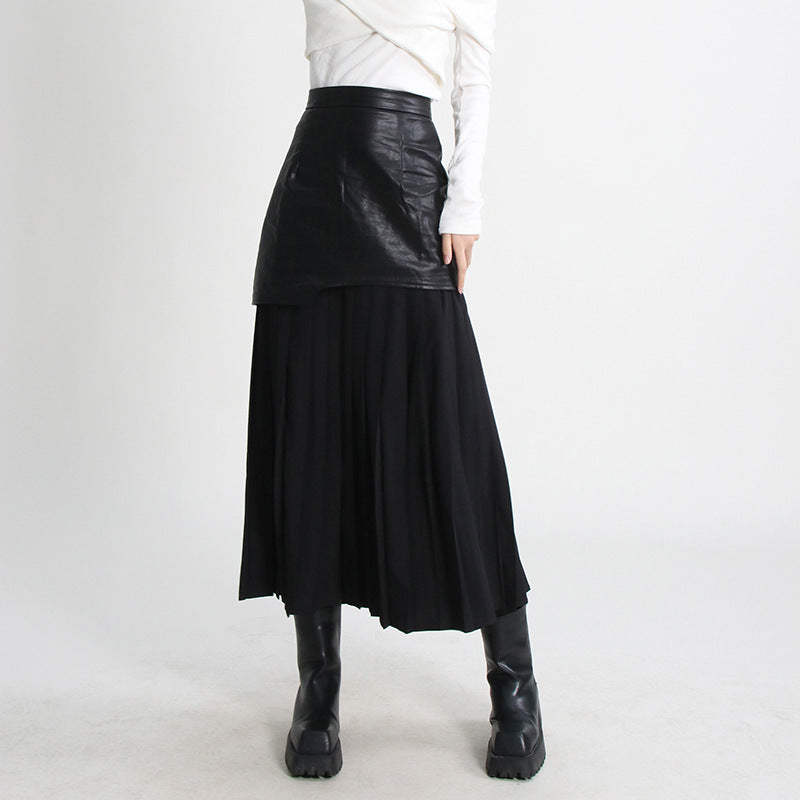 Women's Mid-length Pleated Leather Summer Waist Stitching Skirts