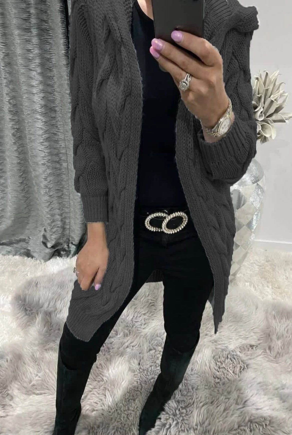 Women's Long Hooded Knit Twisted Sleeve Solid Knitwear