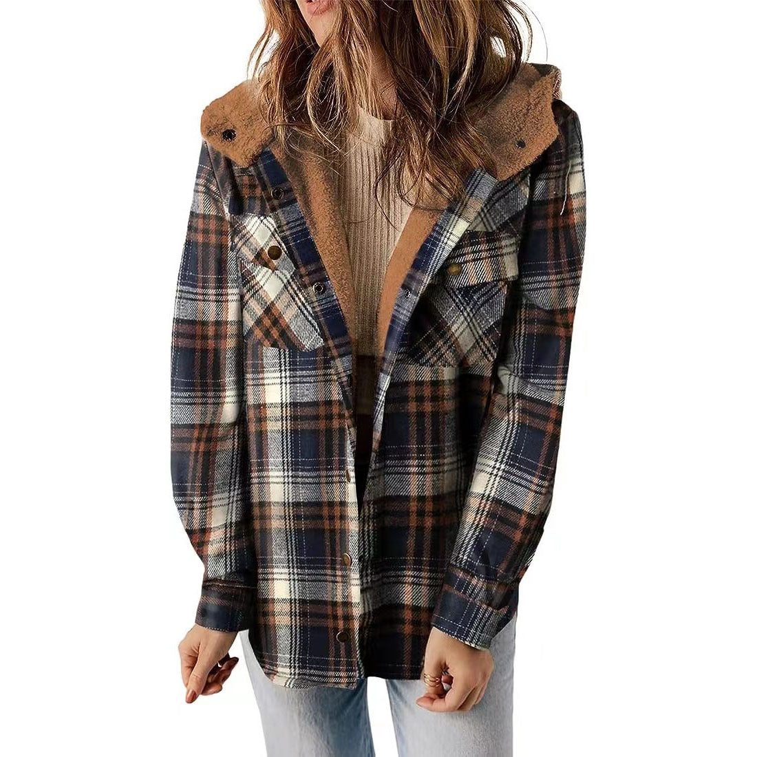 Women's Thermal With Pocket Casual Plaid Shirt Jackets