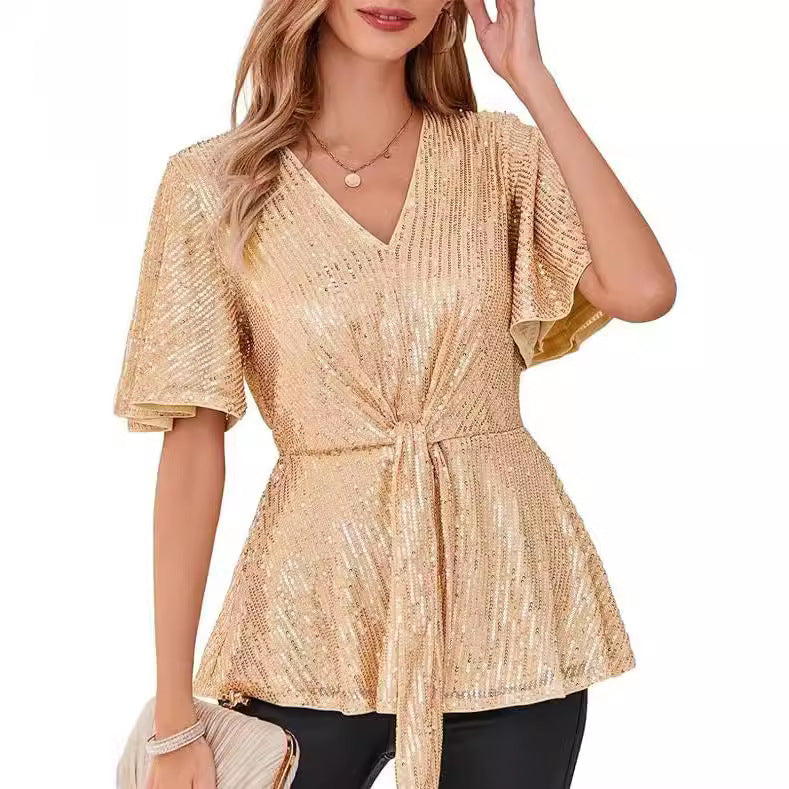 Women's Outline Tie Front Flare Sleeve Glitter Bruce Tops