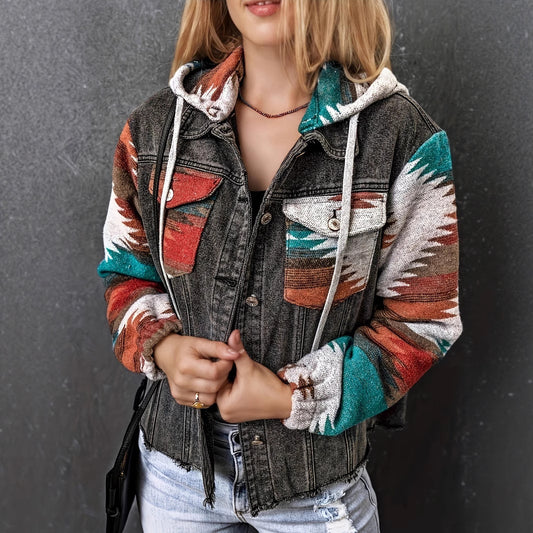 Women's Hooded Pocket Denim Stitching Contrast Color Jackets