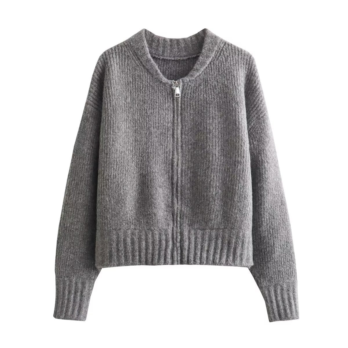Autumn Zipped Round Neck Knitted Bomber Jackets