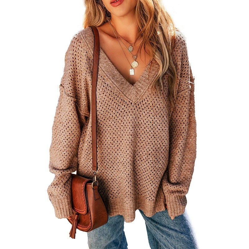 Women's Autumn Solid Color Long-sleeved Simple Hollow Sweaters
