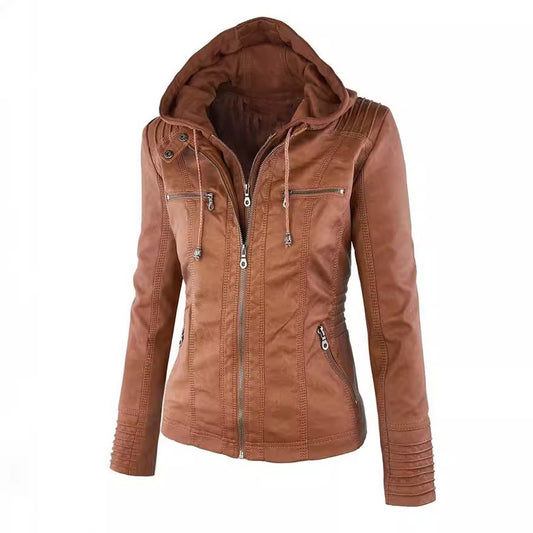 Women's Polo Collar Solid Color Zipper Leather Jackets