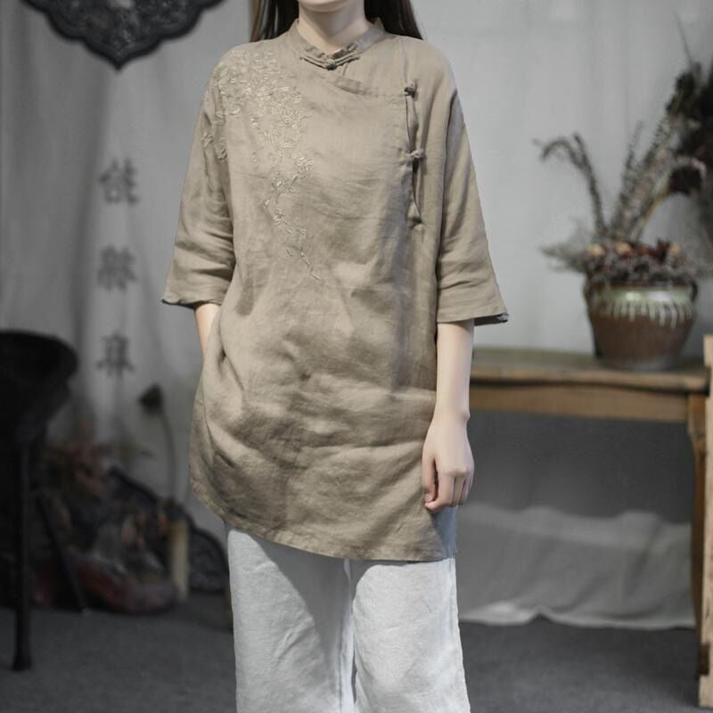 Women's Cotton Linen Tang Embroidered Tea Chinese Button Knots Blouses