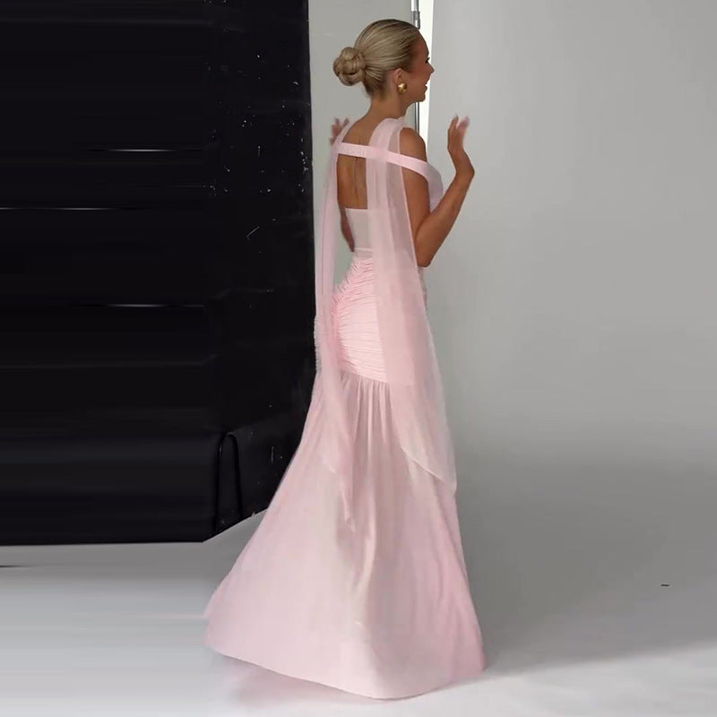 Women's Pleated Patchwork Slit Pink Long Dress Dresses