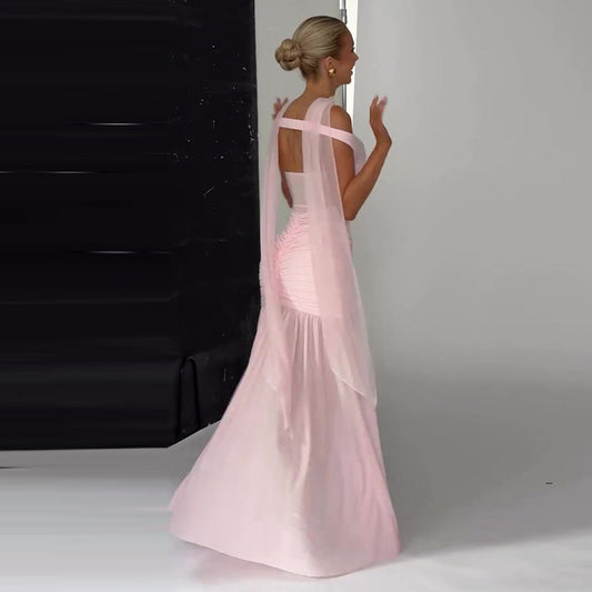 Women's Pleated Patchwork Slit Pink Long Dress Dresses