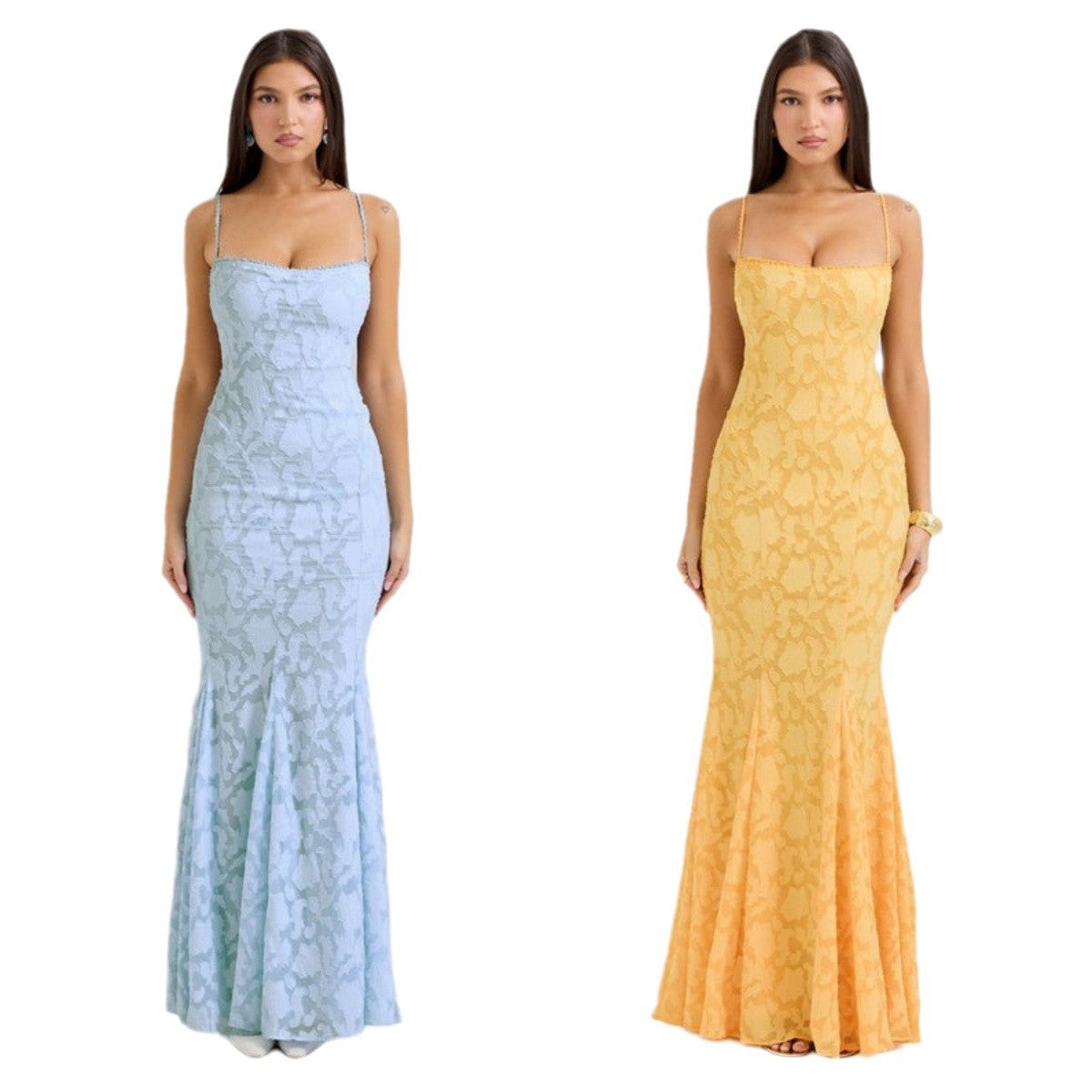 Slimming Lace Up Embossed Jacquard Fishtail Dresses