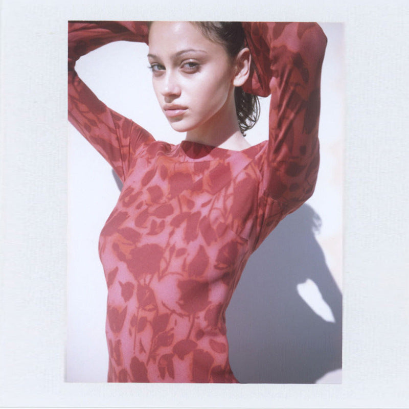 Women's Summer Red Printed Silk Blue Long Sleeve Dress Dresses