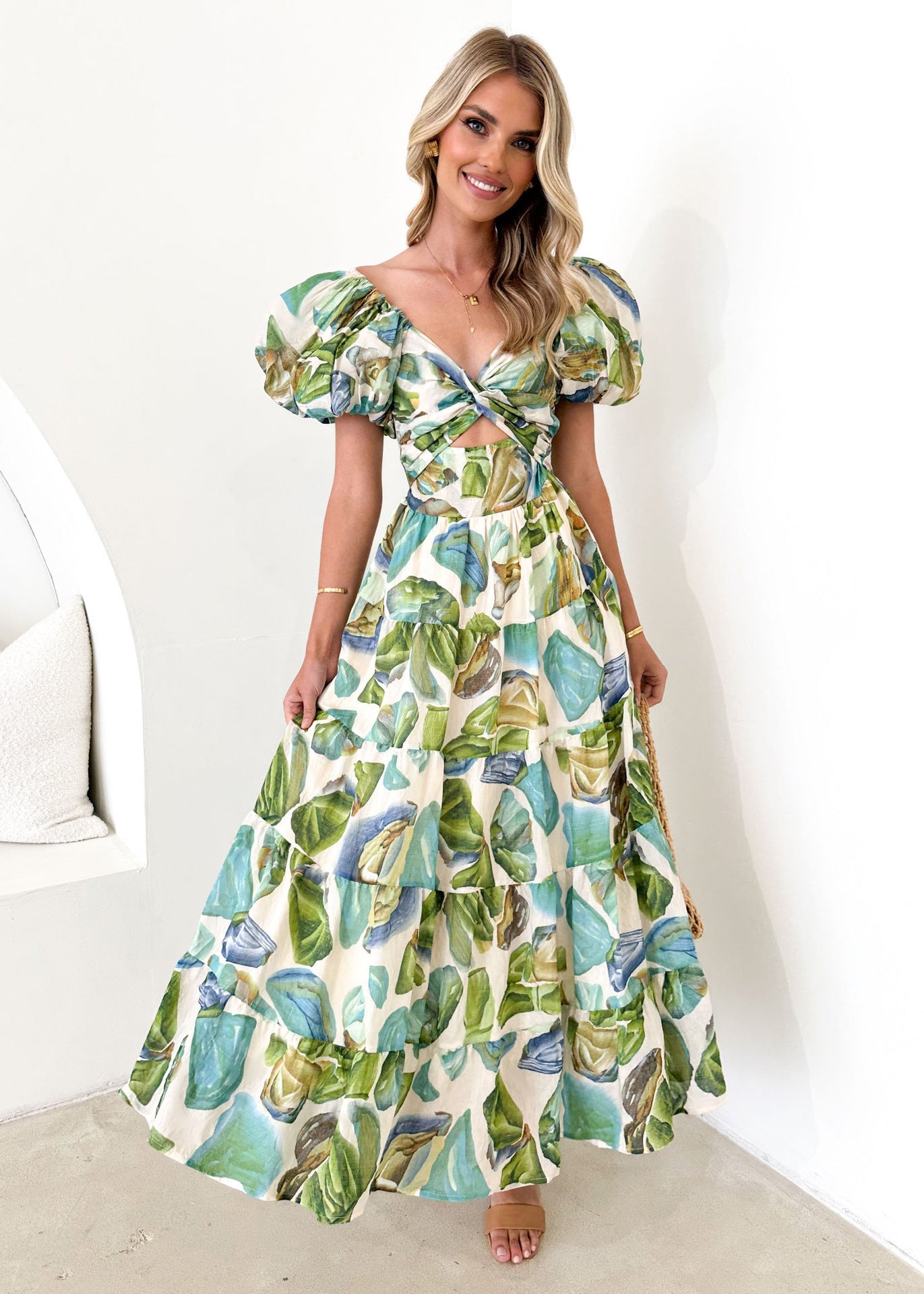 Women's Summer Vacation Casual Printed Puff Sleeve Dresses