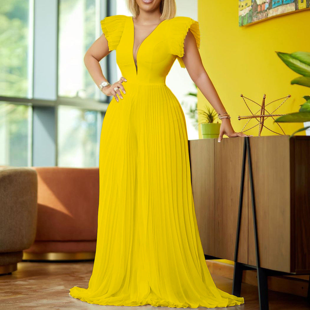 Flounced Sleeve Elegant Pleated Stitching Deep Pants