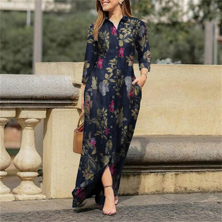 Women's Casual Polo Collar Robe Long Floral Dresses