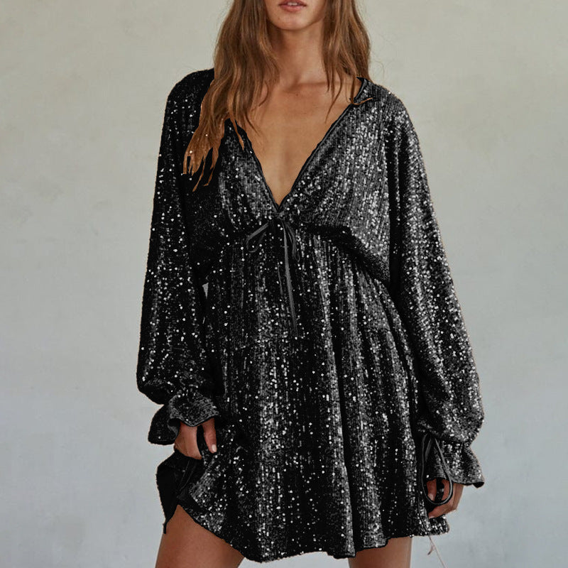 Women's Collar Sequin Sexy Hot Drape Summer Dress