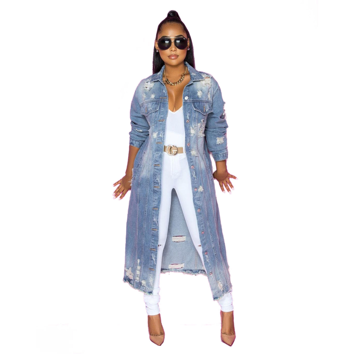 Women's Black Denim Autumn Blue With Holes Washed Jackets