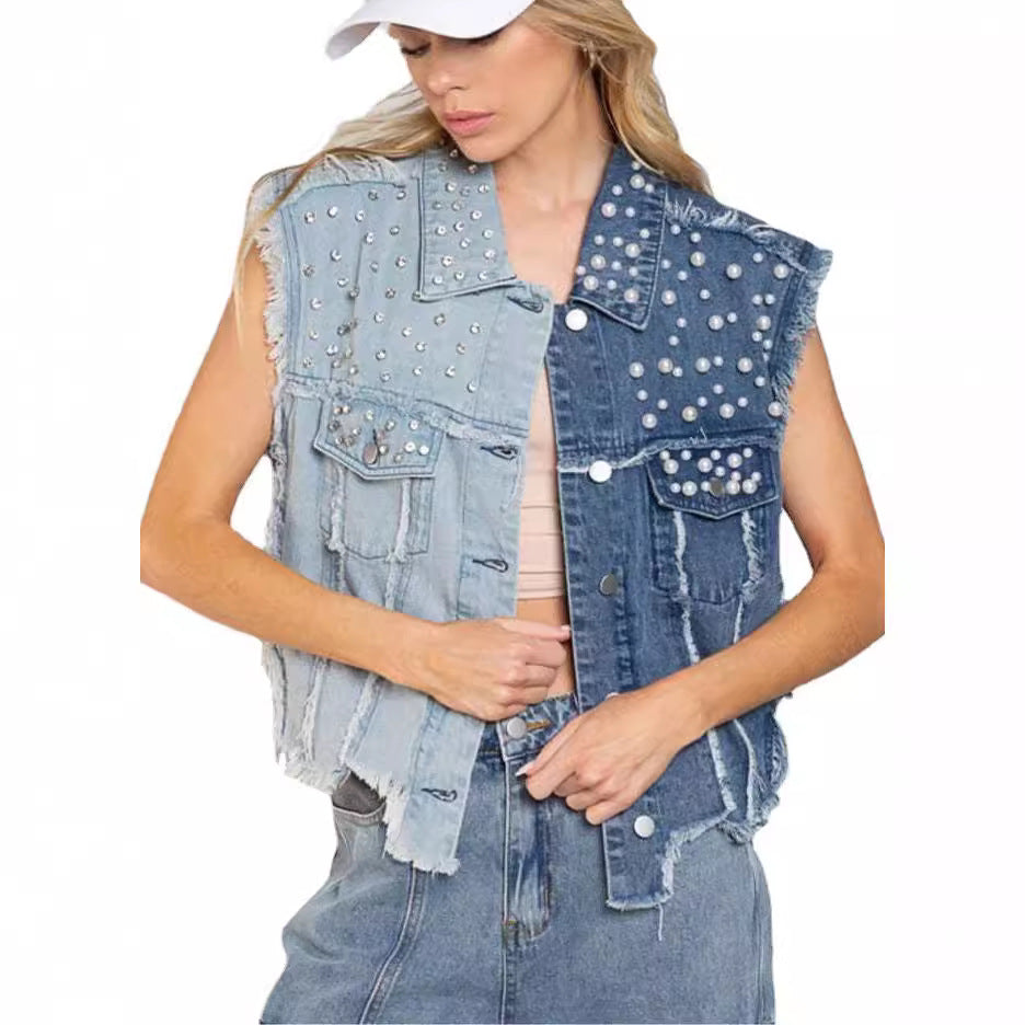 Women's Creative Denim Splicing Beads Loose Vests