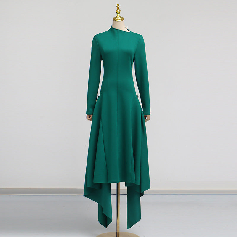 Diagonal Collar Asymmetric Large Hem Ruffled Dresses
