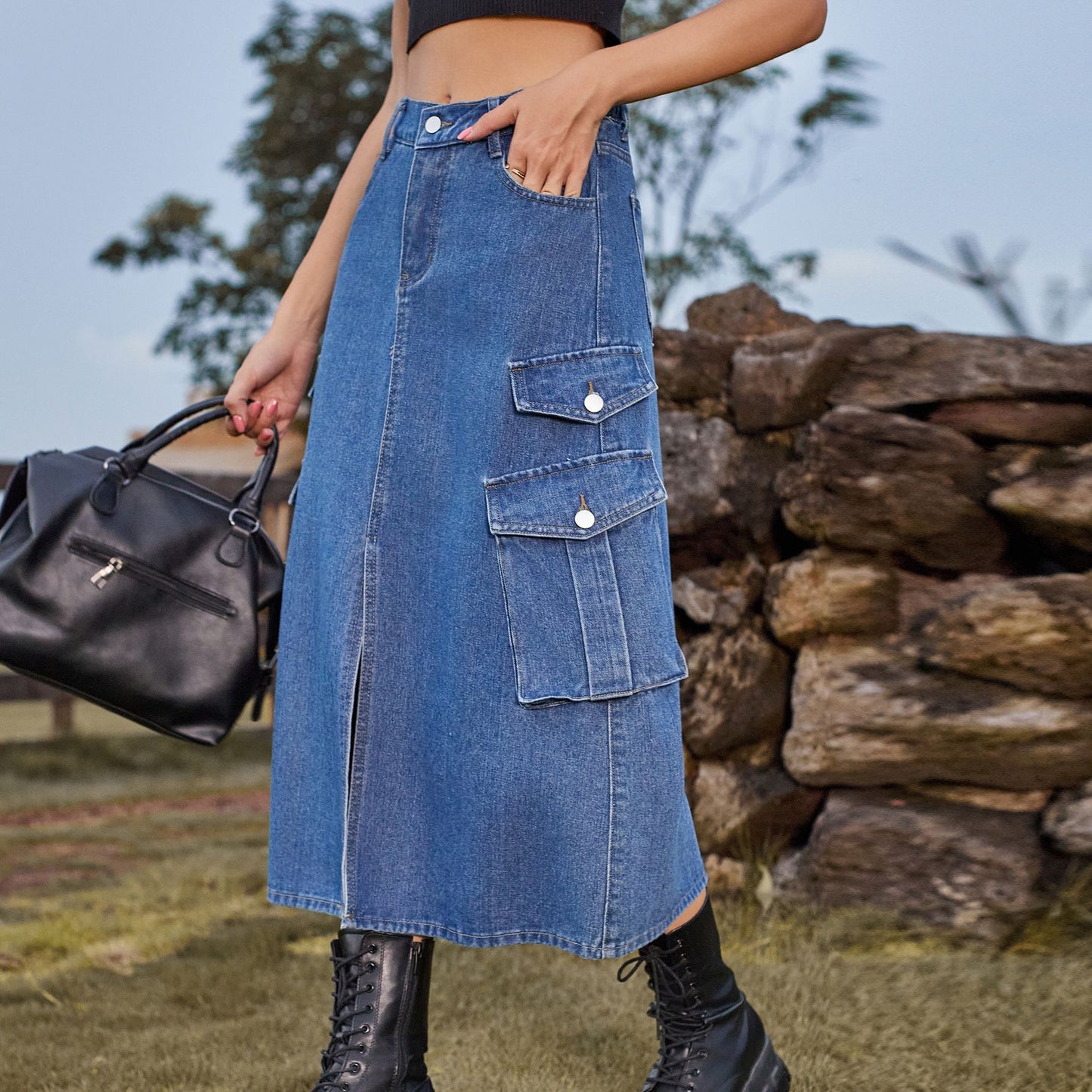 Women's American Hot Elastic Waist Denim Cargo Casual Skirts
