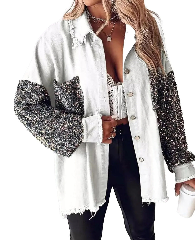 Denim Pullover Long Sleeve Sequined Patchwork Jackets