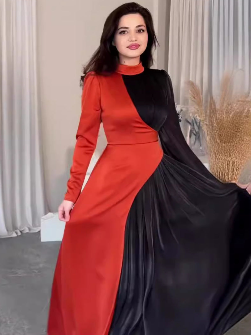 Women's Round Neck Contrast Color Long Sleeve High Waist Dresses