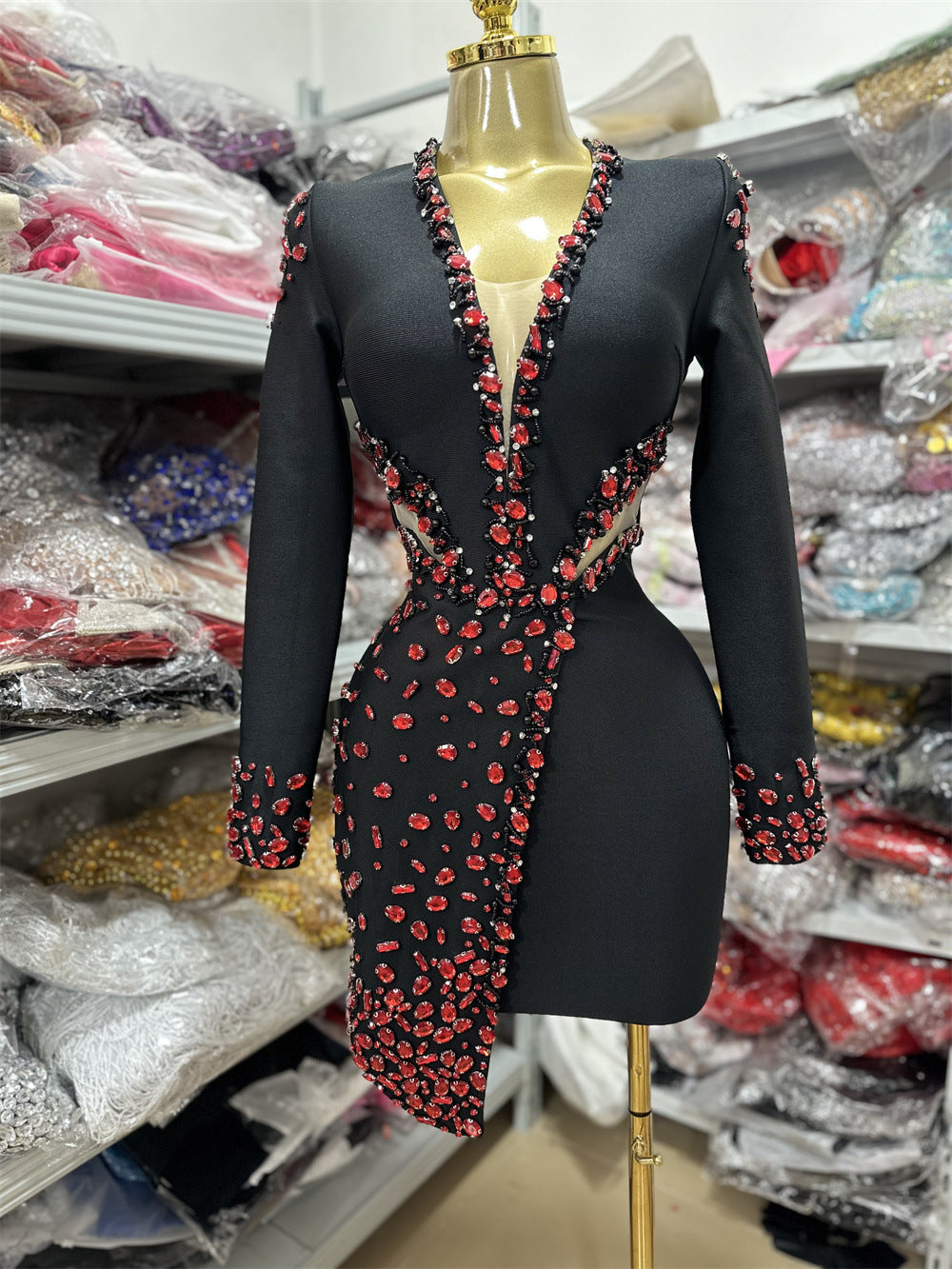 Women's Long Sleeve Dress Deep Rhinestone Banquet Dresses
