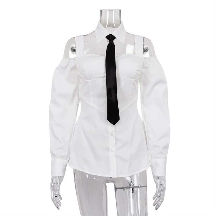 Women's Low-cut Sexy Shirt Long Sleeve Tie Tops