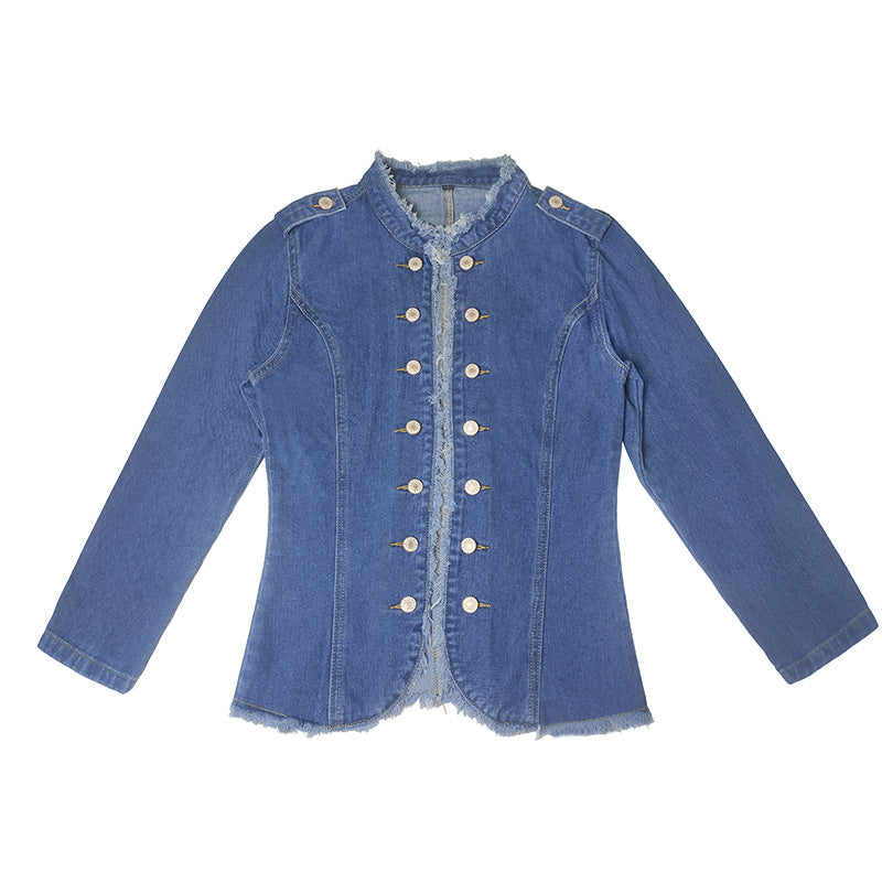 Women's Denim Single-breasted Stand Collar Solid Color Jackets