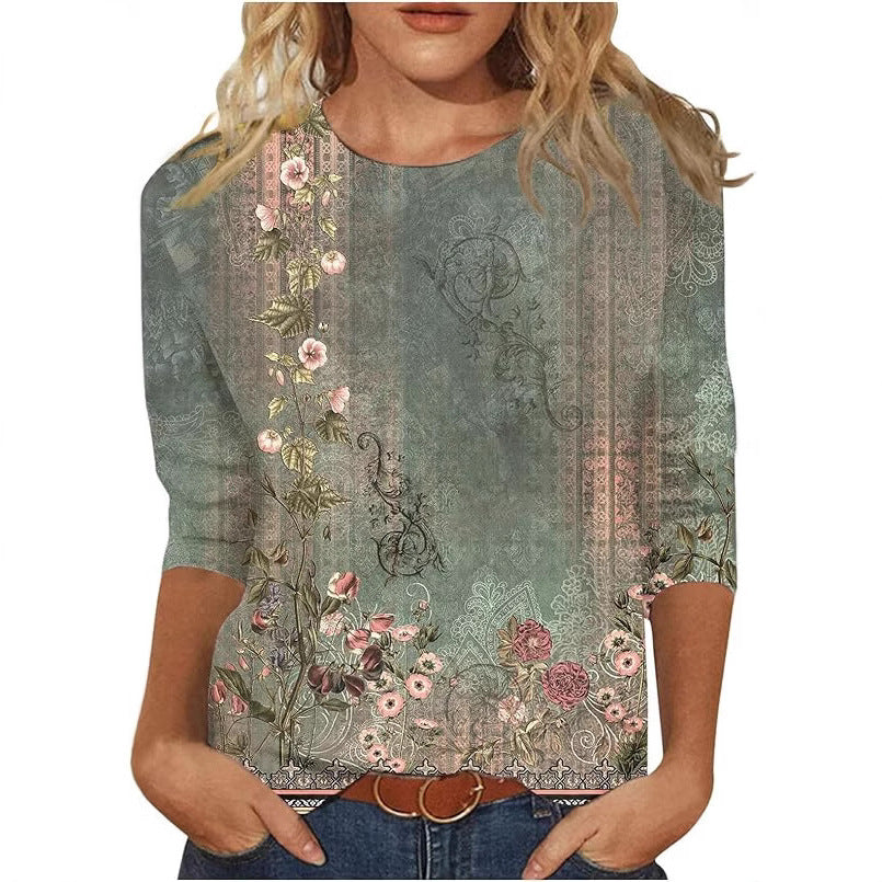 Women's Printed Sleeves Loose Crew Neck Casual Blouses