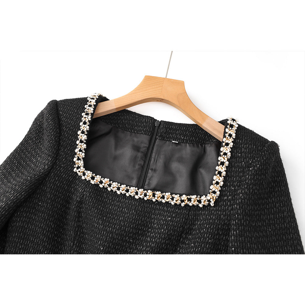 Collar Beaded Decoration Long Sleeves Slimming Dresses