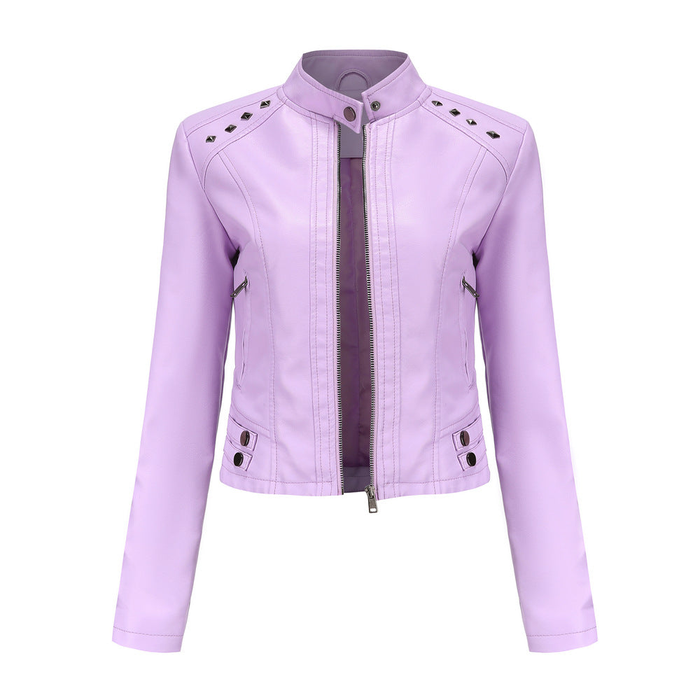 Women's Rivet Leather Long-sleeved Stand Collar Fashion Jackets