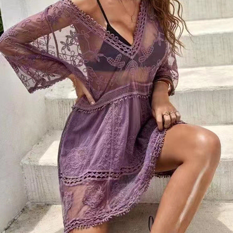 Lace Beach Dress Solid Color Seaside Dresses