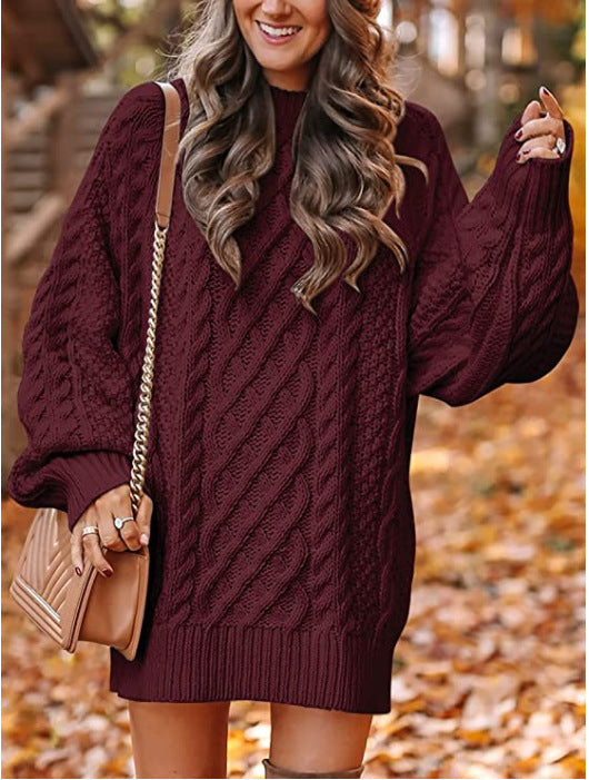Women's Neck Long Sleeve Large Profile Twisted Knitted Knitwear