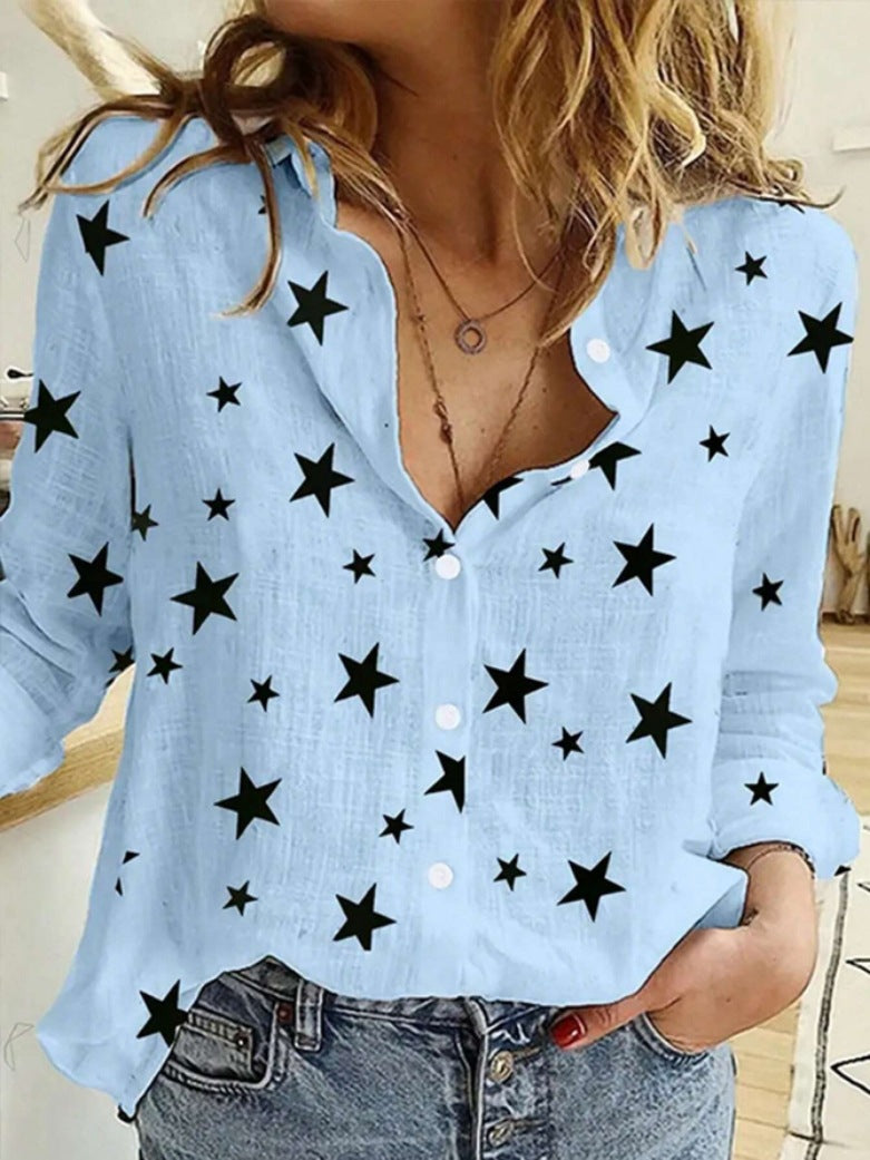 Women's Dot Print Casual Long Sleeve Linen Blouses