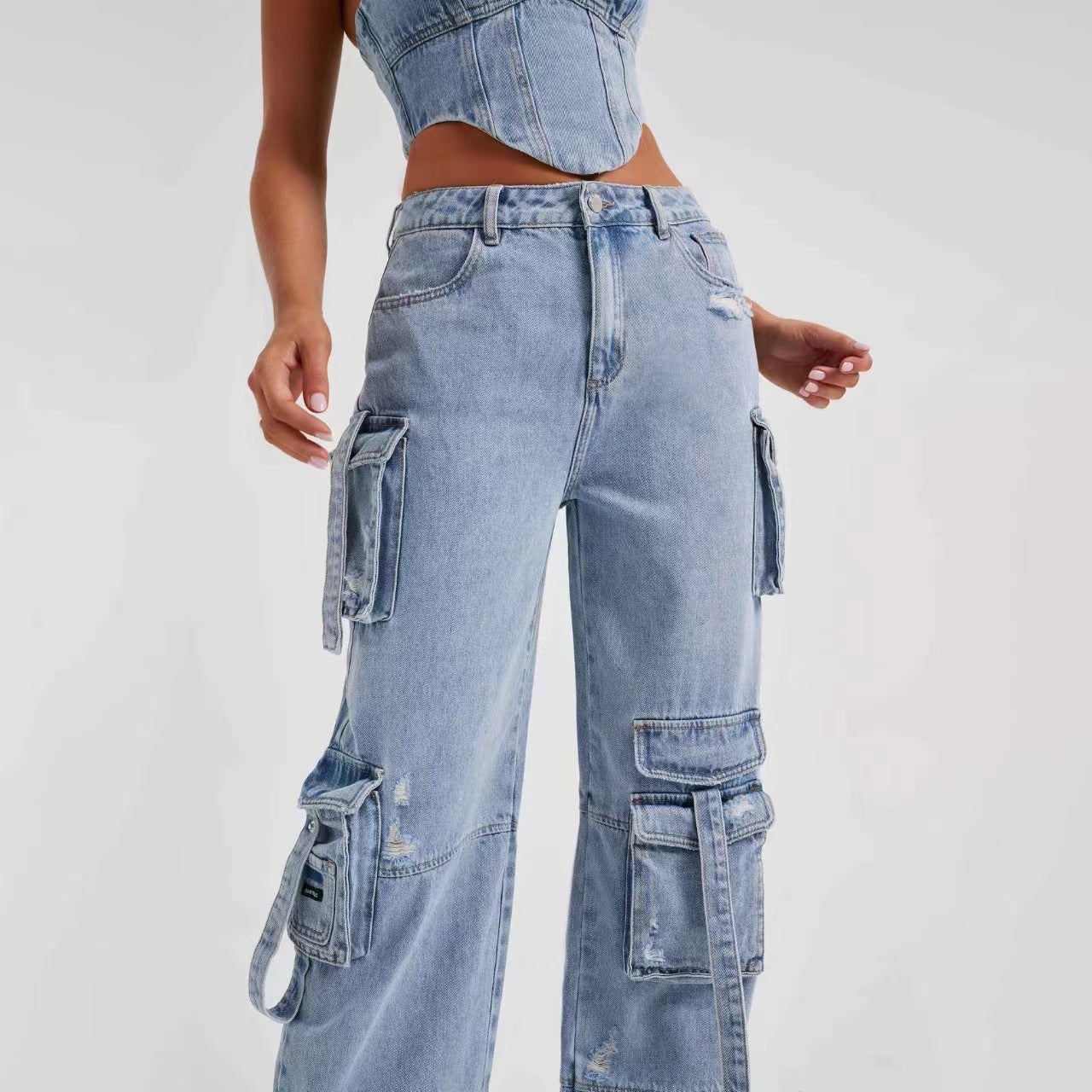 Women's Low Waist Three-dimensional Pocket Stitching Autumn Loose Draping Jeans