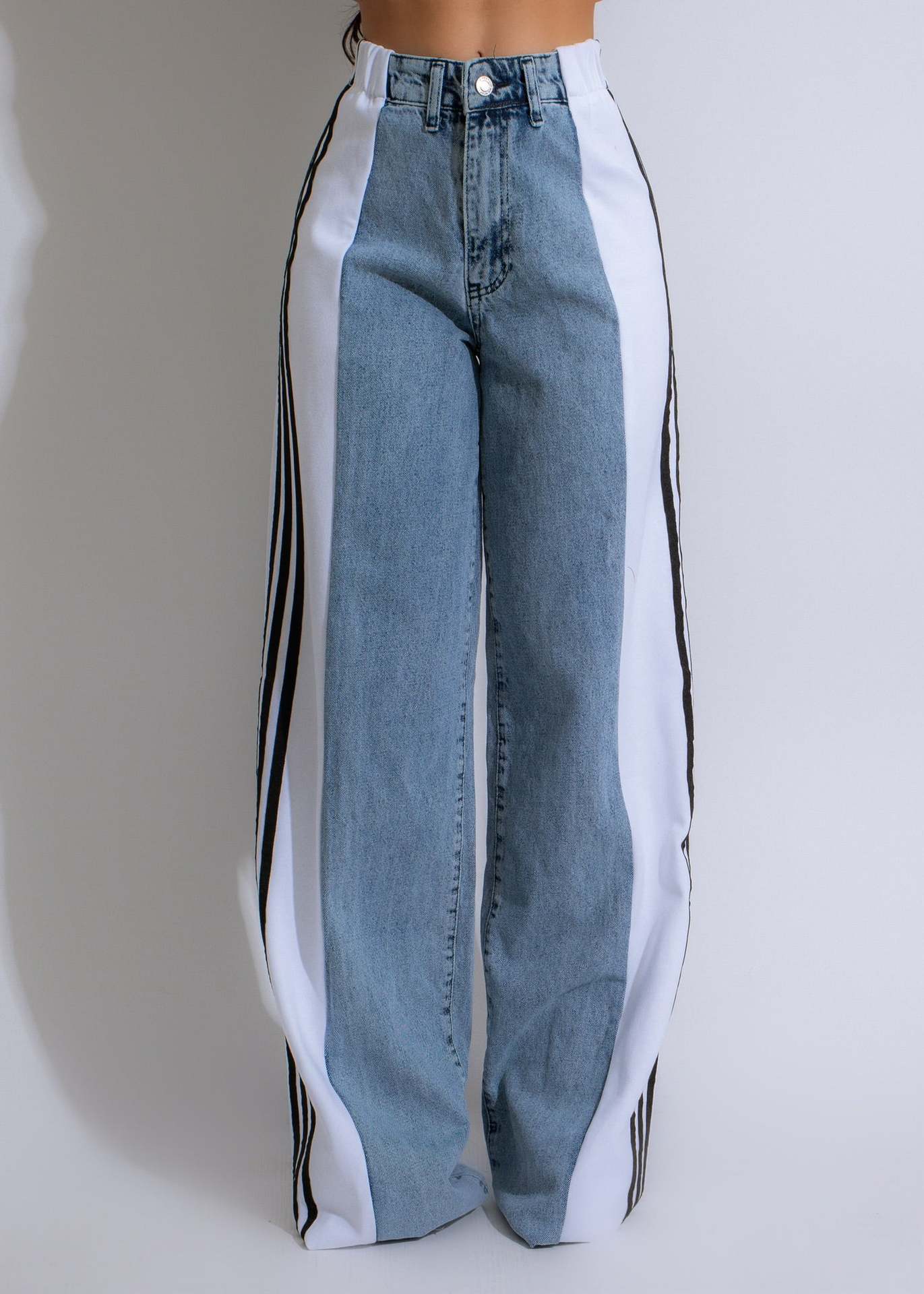 Women's Striped Wide Leg Denim Trousers Casual Jeans